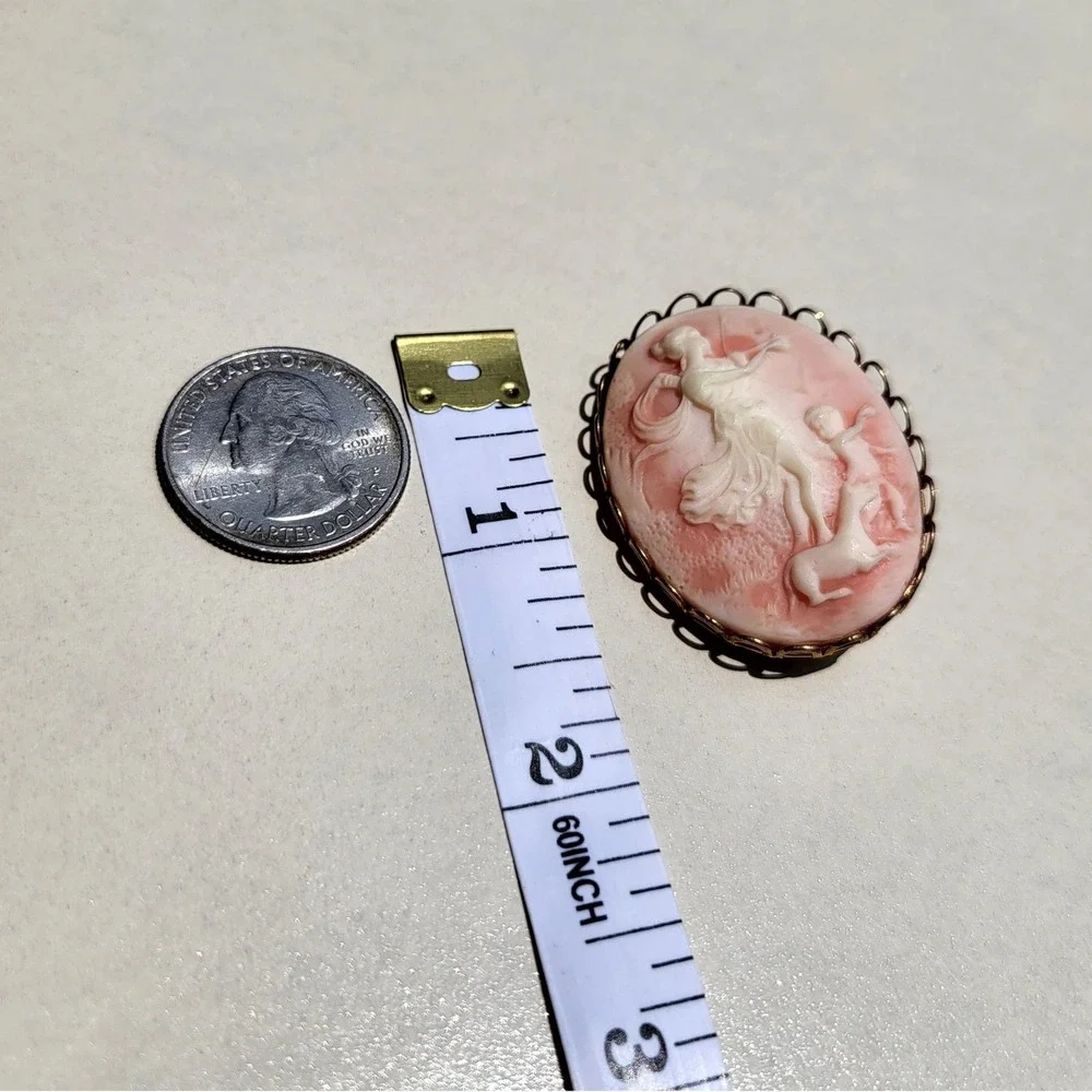 Vintage Cameo Brooch Pink Shell Goddess Cherub Stag Gold Tone Scalloped Frame